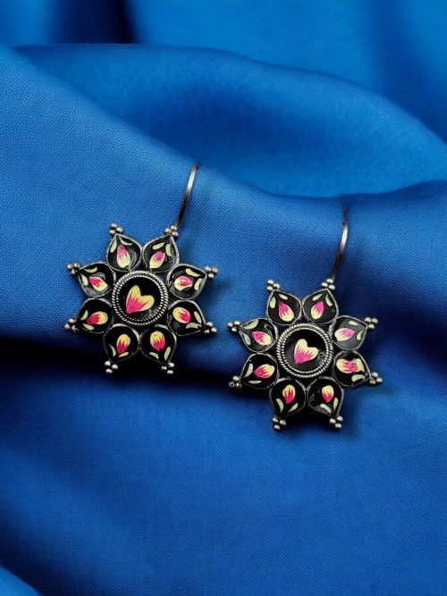 Silver Replica Hand-Painted Earrings | Best Oxidized Antique Design Hook Earring
