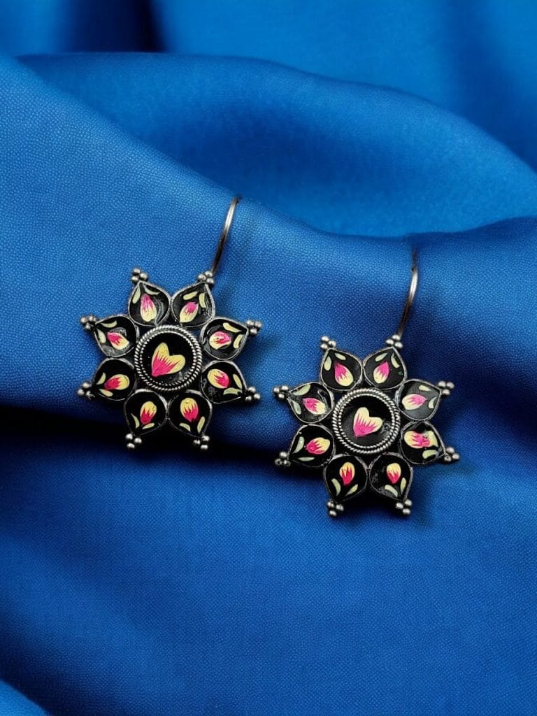 Bulk 446 Silver Replica hand-Painting Earrings | Best Oxidized Antique Design Hook Earring - "Black-2"