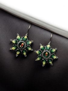 Silver Replica hand-Painting Earrings | Best Oxidized Antique Design Hook Earring - Color: "Green"