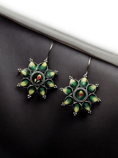 Silver Replica Hand-Painted Earrings | Best Oxidized Antique Design Hook Earring
