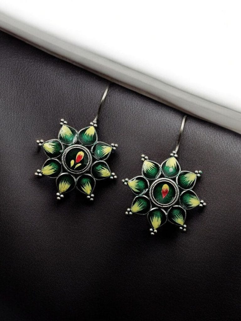 Bulk 440 Silver Replica hand-Painting Earrings | Best Oxidized Antique Design Hook Earring - "Green"