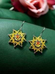 Silver Replica hand-Painting Earrings | Best Oxidized Antique Design Hook Earring - Color: "Yellow"