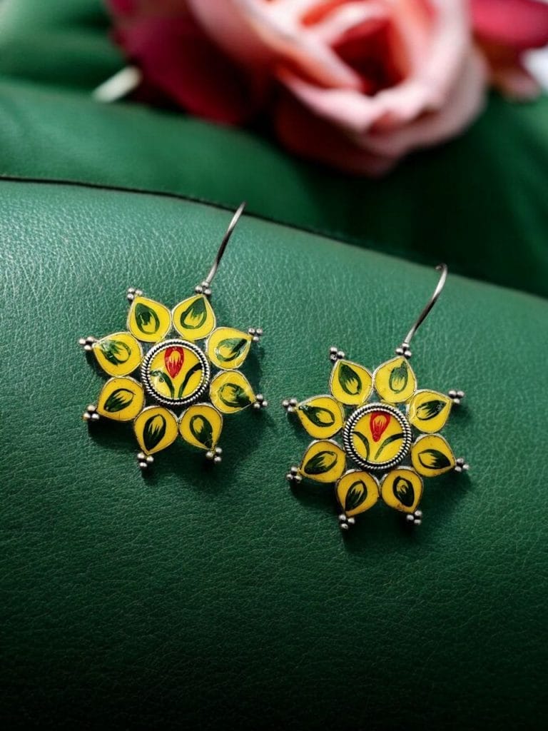 Bulk 442 Silver Replica hand-Painting Earrings | Best Oxidized Antique Design Hook Earring - "Yellow"