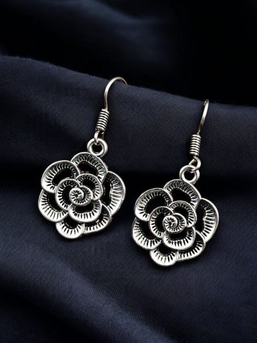 German Silver Flower Design Earrings | Unique Oxidized Hook Style Jewelry