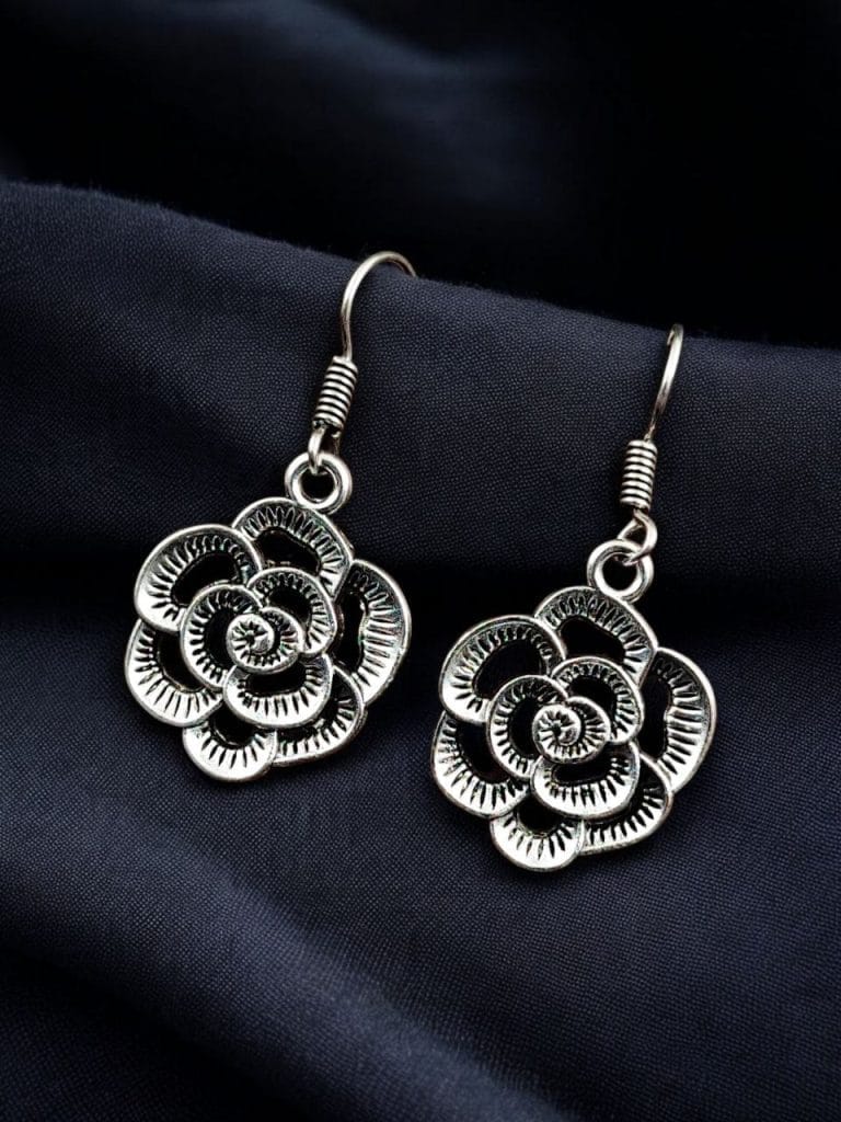 Bulk 434 German Silver Flower Design Earrings | Unique Oxidized Hook Style Jewelry