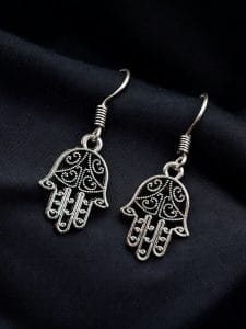 German Silver Buddha Hast Earrings | Unique Oxidized Hook Jewellery