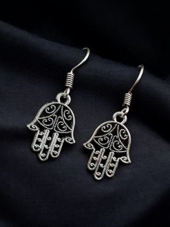German Silver Buddha Hast Earrings | Unique Oxidized Hook Jewelry