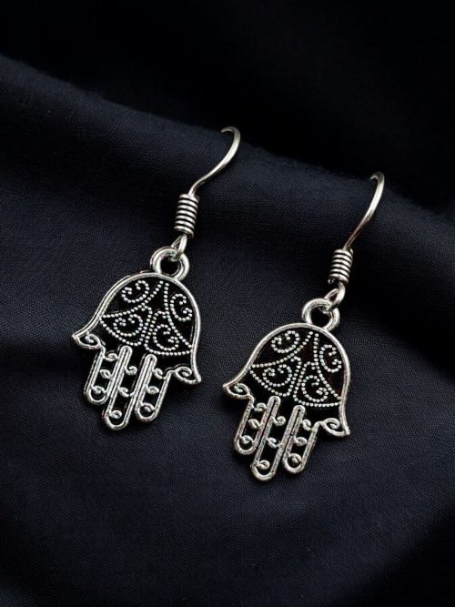 German Silver Buddha Hast Earrings | Unique Oxidized Hook Jewelry