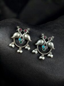 Antique Oxidised Peacock Stud Earrings | Unique Silver Replica Earring - Color: "Multi"