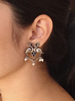 Antique Oxidised Peacock Stud Earrings | Unique Silver Replica Earring