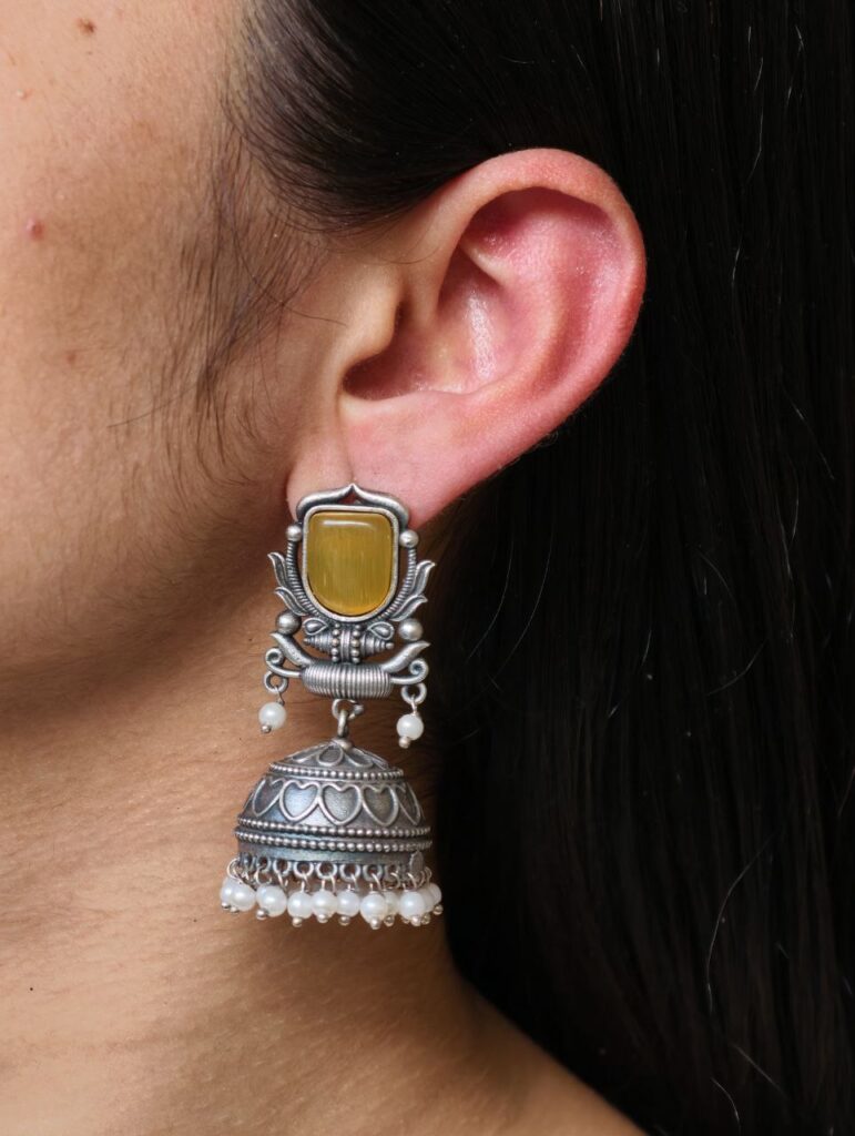 Silver Look Jhumka Earrings | Adorable Traditional Jhumki With Stone & Pearl Work