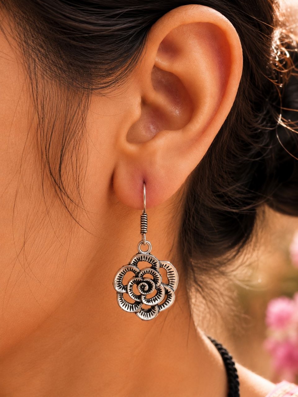 German Silver Flower Design Earrings | Unique Oxidized Hook Style Jewelry 1 German Silver Flower Design Earrings | Unique Oxidized Hook Style Jewelry