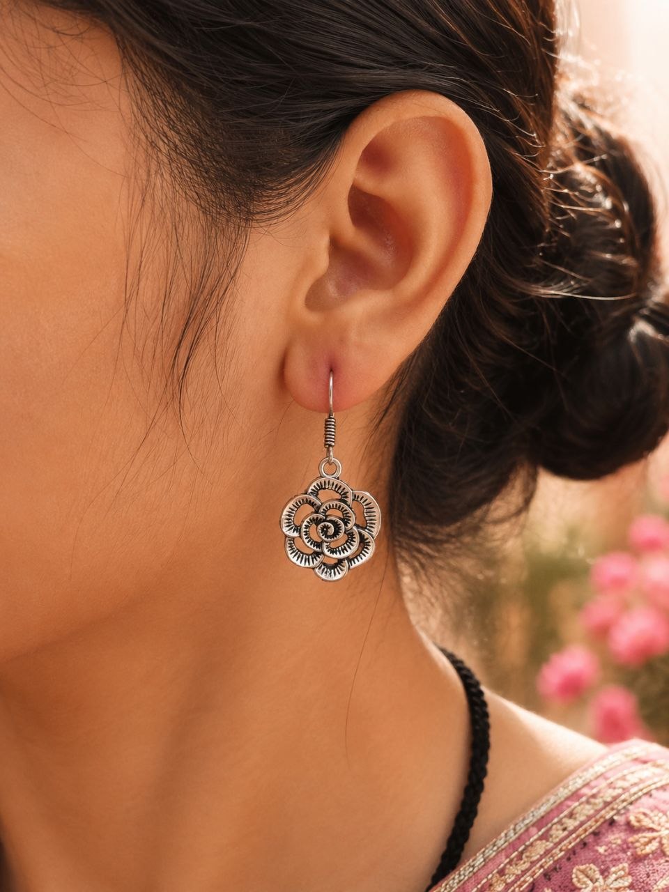 German Silver Flower Design Earrings | Unique Oxidized Hook Style Jewelry 4 German Silver Flower Design Earrings | Unique Oxidized Hook Style Jewelry