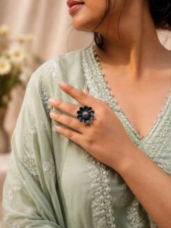 Oxidised Silver Look aLike Flower Design Ring | Best Antique Designer Rings For Girls
