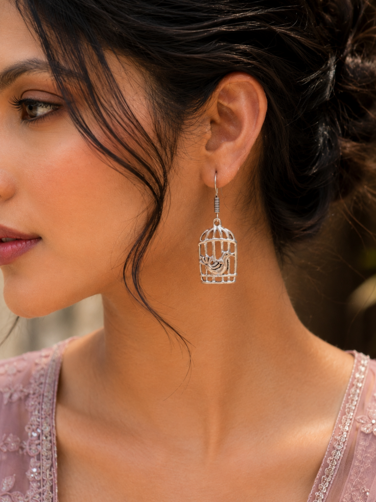 Oxidised Bird Cage Earrings | Best German Silver Hook Style Jewelry
