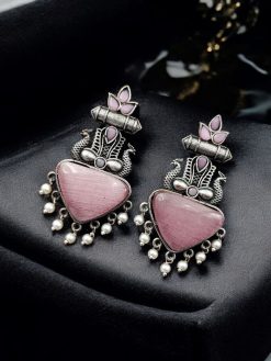 Silver Replica Peacock Studs | Best Elegant Monalisa Stone Earrings For Girls