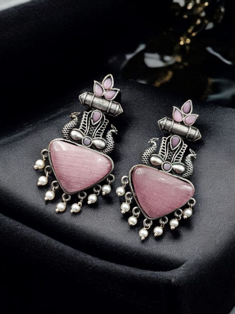 Silver Replica Peacock Studs | Best Elegant Monalisa Stone Earrings For Girls