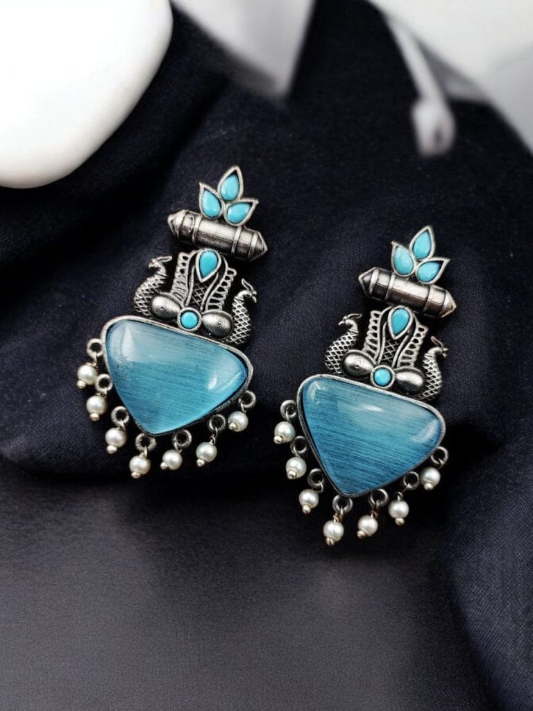 Bulk 896 Silver Replica Peacock Studs | Best Elegant Monalisa Stone Earrings For Girls - "Aqua"
