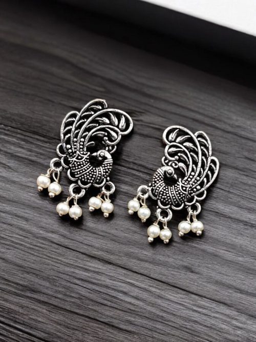 Oxidized Peacock Studs | Best Silver Plated Casual Wear Earrings For Girls
