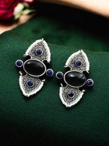 Traditional Stone Stud Earrings | Best Unique Antique Pearl Work Stud For Girls - Colors: "Blue"