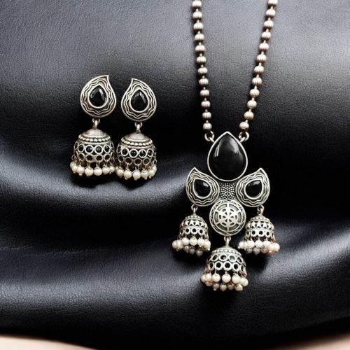 Silver Look alike Jhumka Style Necklace | Unique Oxidized Stone Work Jhumkis Jewelry Set