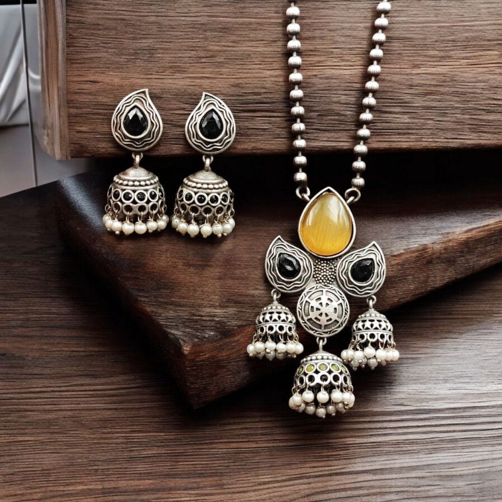 Silver Look alike Jhumka Style Necklace | Unique Oxidized Stone Work Jhumkis Jewelry Set