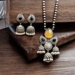 Silver Look alike Jhumka Style Necklace | Unique Oxidized Stone Work Jhumkis Jewelry Set