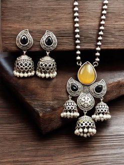 Silver Look alike Jhumka Style Necklace | Unique Oxidized Stone Work Jhumkis Jewelry Set