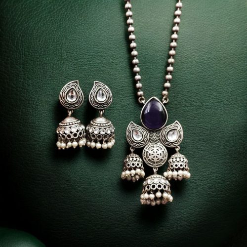 Silver Look alike Jhumka Style Necklace | Unique Oxidized Stone Work Jhumkis Jewelry Set