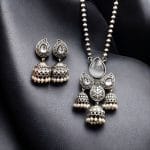 Silver Look alike Jhumka Style Necklace | Unique Oxidized Stone Work Jhumkis Jewelry Set - "Grey"