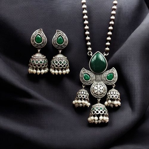 Silver Look alike Jhumka Style Necklace | Unique Oxidized Stone Work Jhumkis Jewelry Set