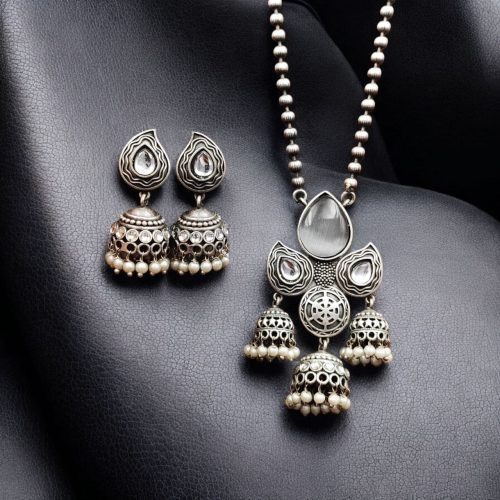 Silver Look alike Jhumka Style Necklace | Unique Oxidized Stone Work Jhumkis Jewelry Set