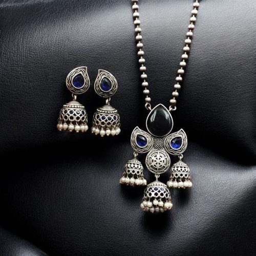 Silver Look alike Jhumka Style Necklace | Unique Oxidized Stone Work Jhumkis Jewelry Set