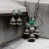 Silver Look alike Jhumka Style Necklace | Unique Oxidized Stone Work Jhumkis Jewelry Set