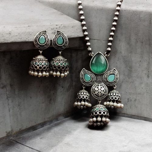 Silver Look alike Jhumka Style Necklace | Unique Oxidized Stone Work Jhumkis Jewelry Set