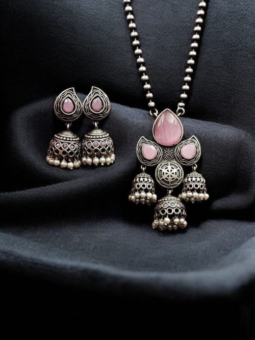 Silver Look alike Jhumka Style Necklace | Unique Oxidized Stone Work Jhumkis Jewelry Set