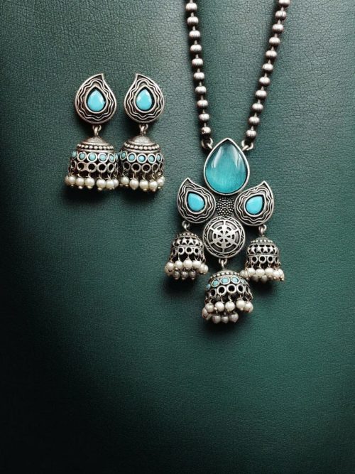 Silver Look alike Jhumka Style Necklace | Unique Oxidized Stone Work Jhumkis Jewelry Set
