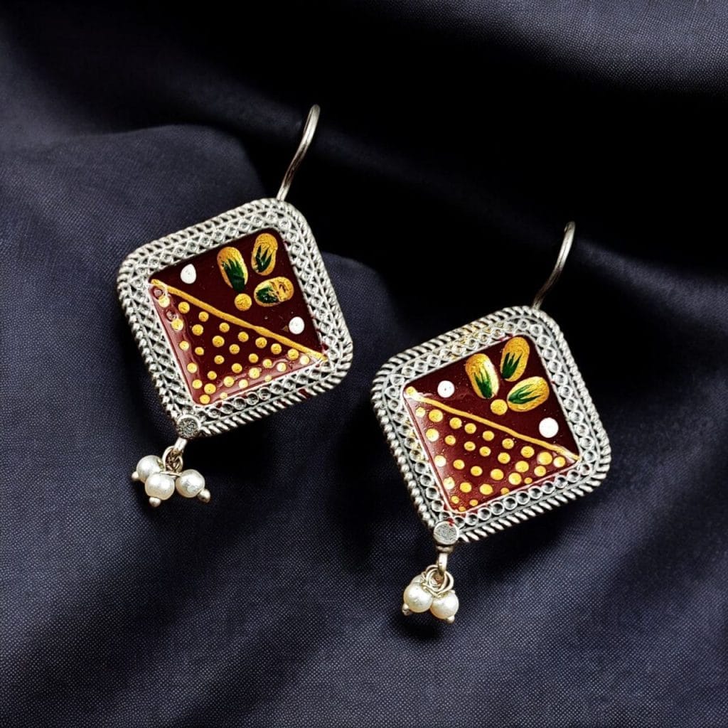 Bulk 884 Adorable Silver Replica Earrings for Girls – Tribal Look Hand-Painted Jewelry - "Maroon"