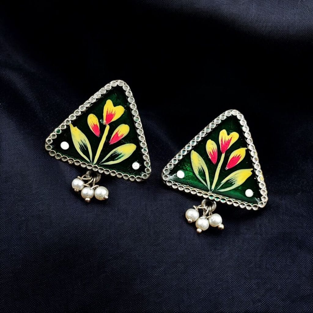 Bulk 874 Oxidized Hand-Painted Earrings | Unique Art on Jewelry in Silver Replica Ornaments - "Green"