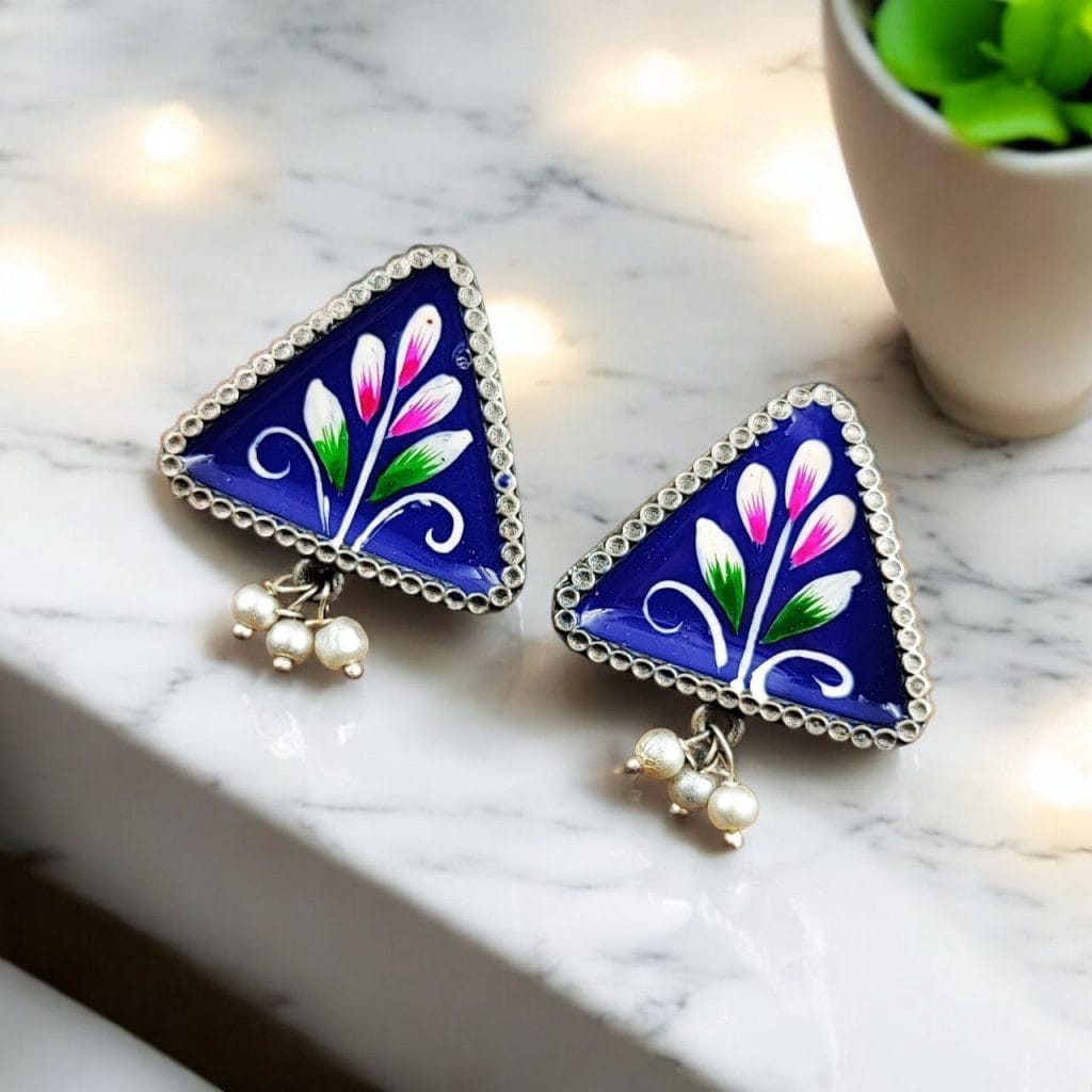 Oxidized Hand-Painted Earrings | Unique Art on Jewelry in Silver Replica Ornaments