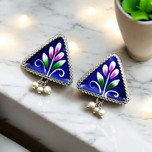 Oxidized Hand-Painted Earrings | Traditional Art on Jewelry in Silver Replica Ornaments
