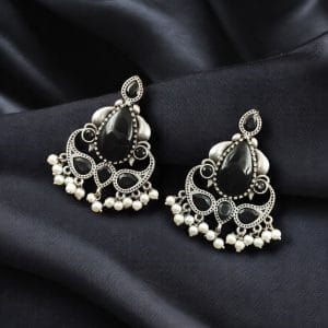 Silver Replica Stone Stud Earrings | Traditional Best Premium Finish Jewelry For Women - Color: "Black"