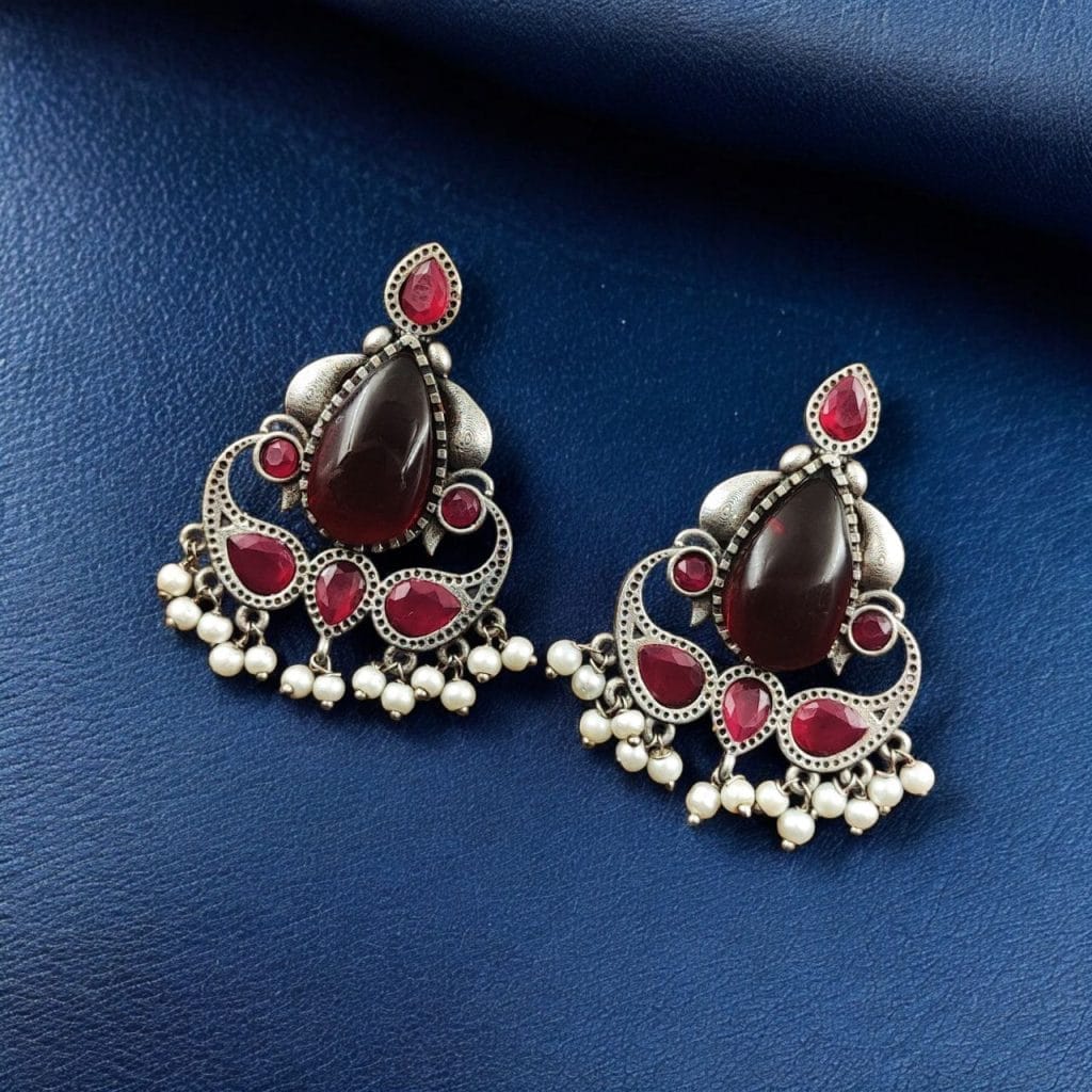 Bulk 862 Silver Replica Stone Stud Earrings | Traditional Best Premium Finish Jewelry For Women - "Red"