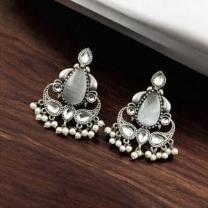 Silver Replica Stone Stud Earrings | Traditional Best Premium Finish Jewelry For Women - Color: "Grey"