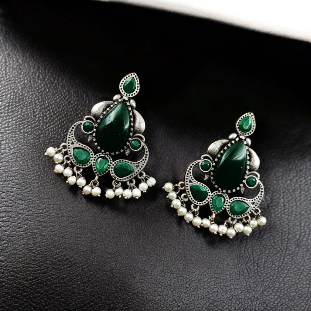 Bulk 858 Silver Replica Stone Stud Earrings | Traditional Best Premium Finish Jewelry For Women - "Green"
