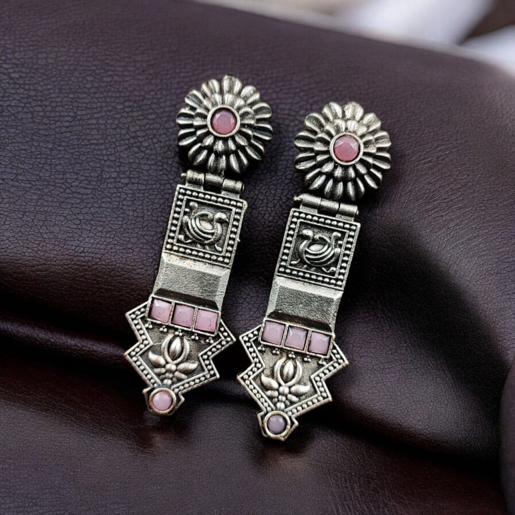 Bulk 854 Elegant Oxidized Silver Replica Earrings | Premium Handmade Jewelry for Women - "Babypink"