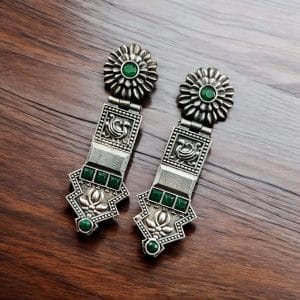 Elegant Oxidized Silver Replica Earrings | Premium Handmade Jewelry for Women - Color: "Green"