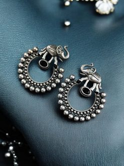 Silver Replica Elephant Earrings with intricate design and stone accents, perfect for partywear.