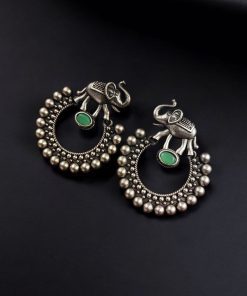 Silver Replica Elephant Earrings with intricate design and stone accents, perfect for partywear.