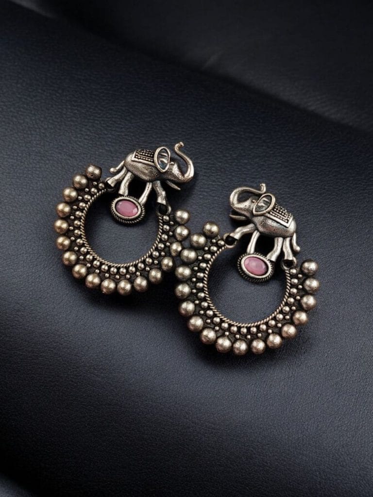 Bulk 832 Silver Replica Elephant Earrings | Best Partywear Dangler Stud - "Baby Pink"